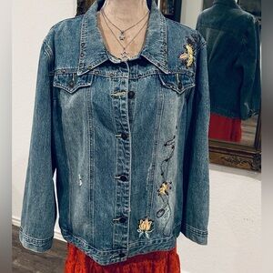 Distressed Jeanology Western Blue Denim Jacket with Floral Embroidery